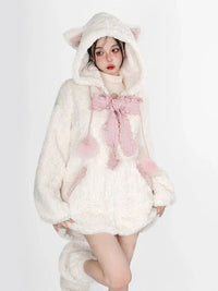 Fuzzy Neko Pompom Hooded Coat - Bear Hugs