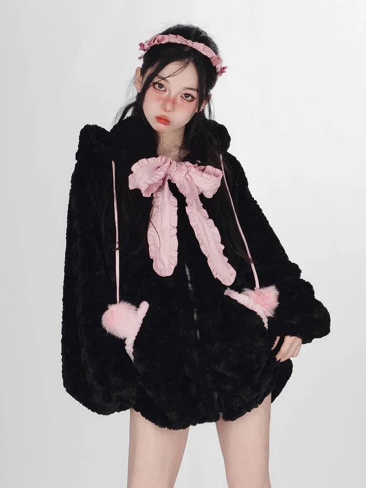 Fuzzy Neko Pompom Hooded Coat - Bear Hugs