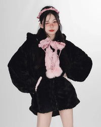 Fuzzy Neko Pompom Hooded Coat - Bear Hugs