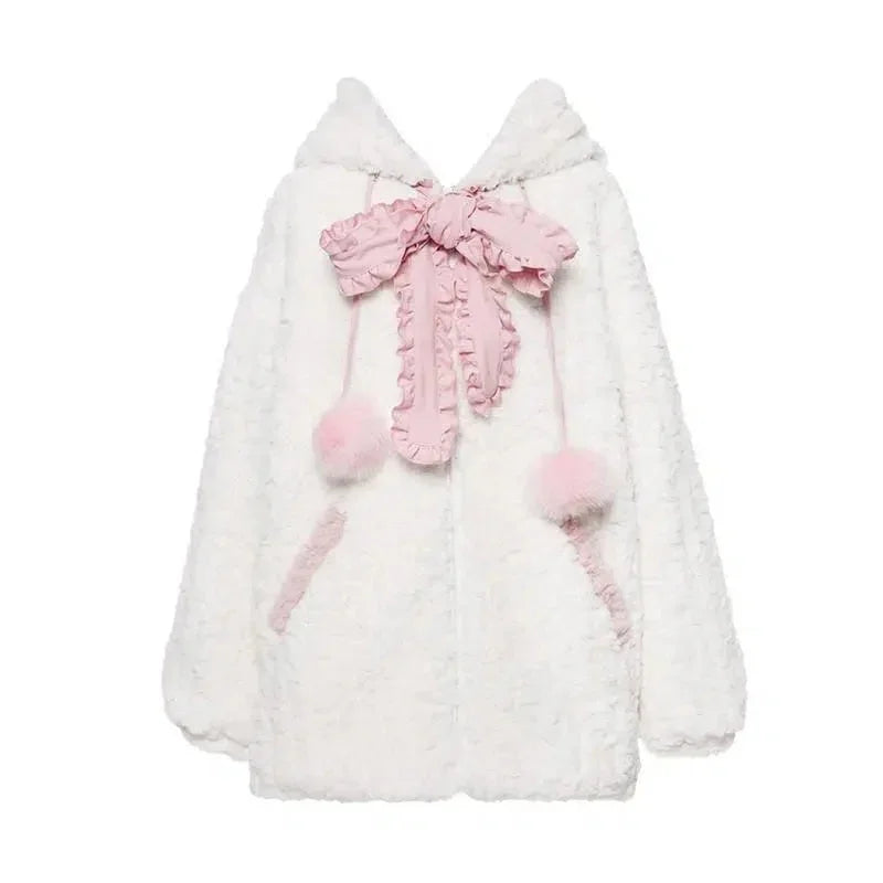 Fuzzy Neko Pompom Hooded Coat - Bear Hugs