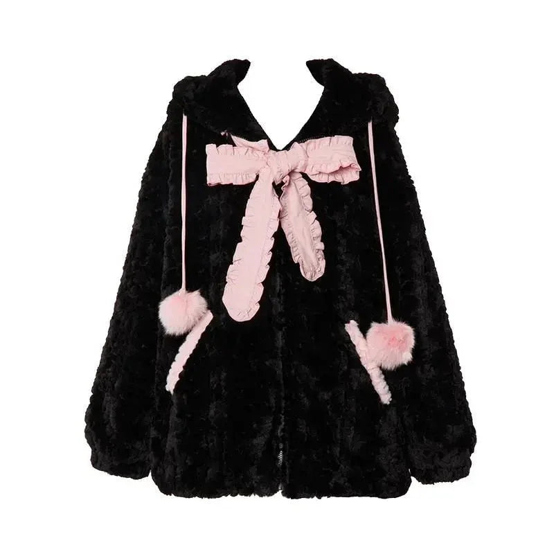 Fuzzy Neko Pompom Hooded Coat - Bear Hugs