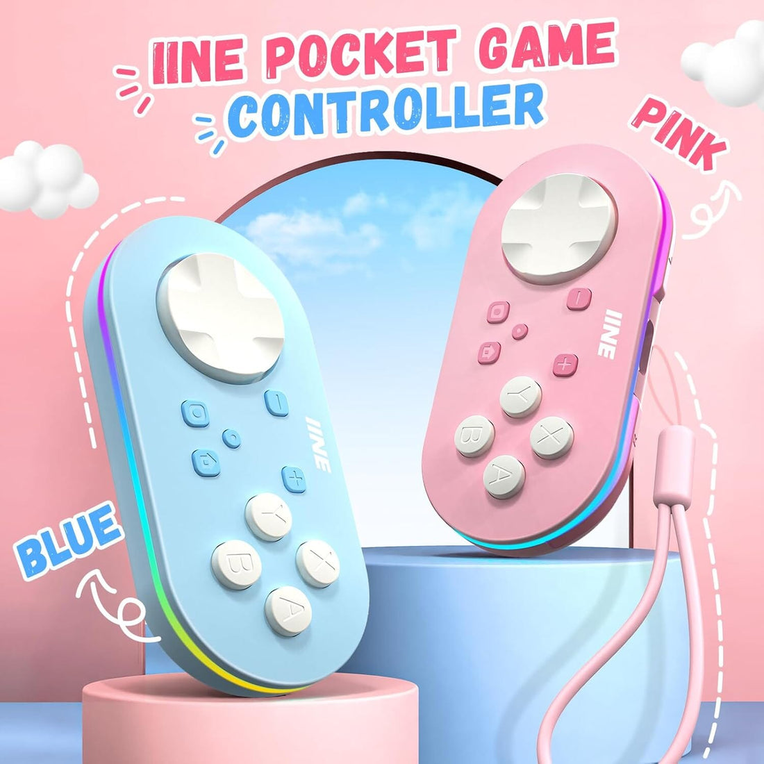 IINE Micro Bluetooth Controller, Pocket-sized Mini Gamepad for Switch/PC/Android/IOS, Pocket Game Controller with Auto-Fire Function/RGB Light/Keychain/Keyboard Mode - Bear Hugs