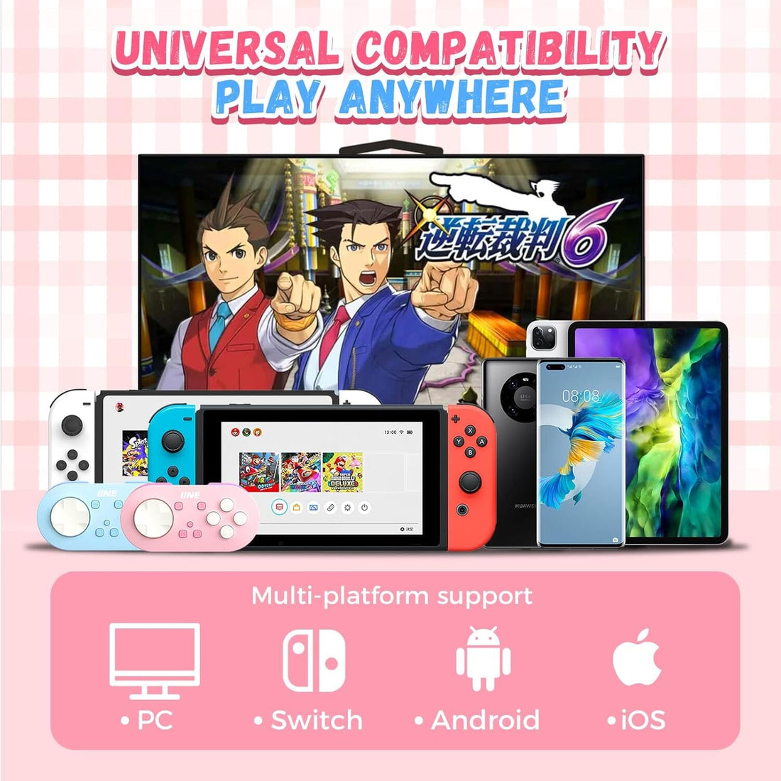 IINE Micro Bluetooth Controller, Pocket-sized Mini Gamepad for Switch/PC/Android/IOS, Pocket Game Controller with Auto-Fire Function/RGB Light/Keychain/Keyboard Mode - Bear Hugs