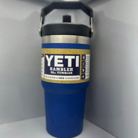 Blue YETI Rambler tumbler with a label on a white background