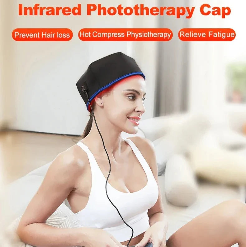Woman wearing an infrared phototherapy cap with text about its benefits and features.