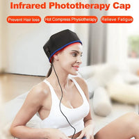 Woman wearing an infrared phototherapy cap with text about its benefits and features.