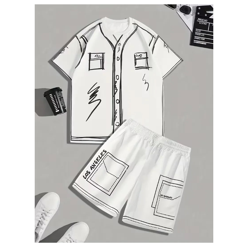 2D Cartoon Sketch Athletic Tee and Shorts Set