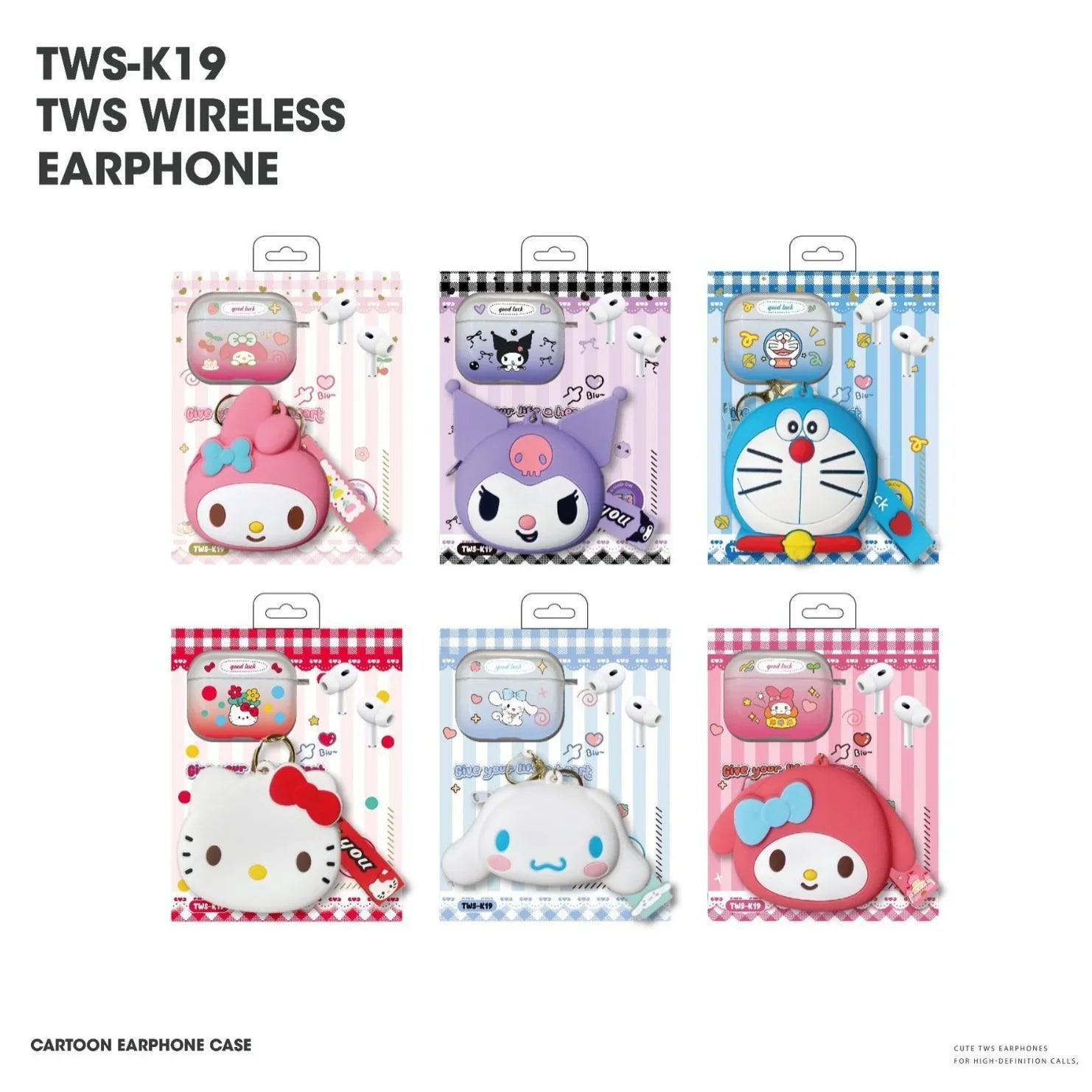 Packaging of cartoon-themed wireless earphone cases on a white background