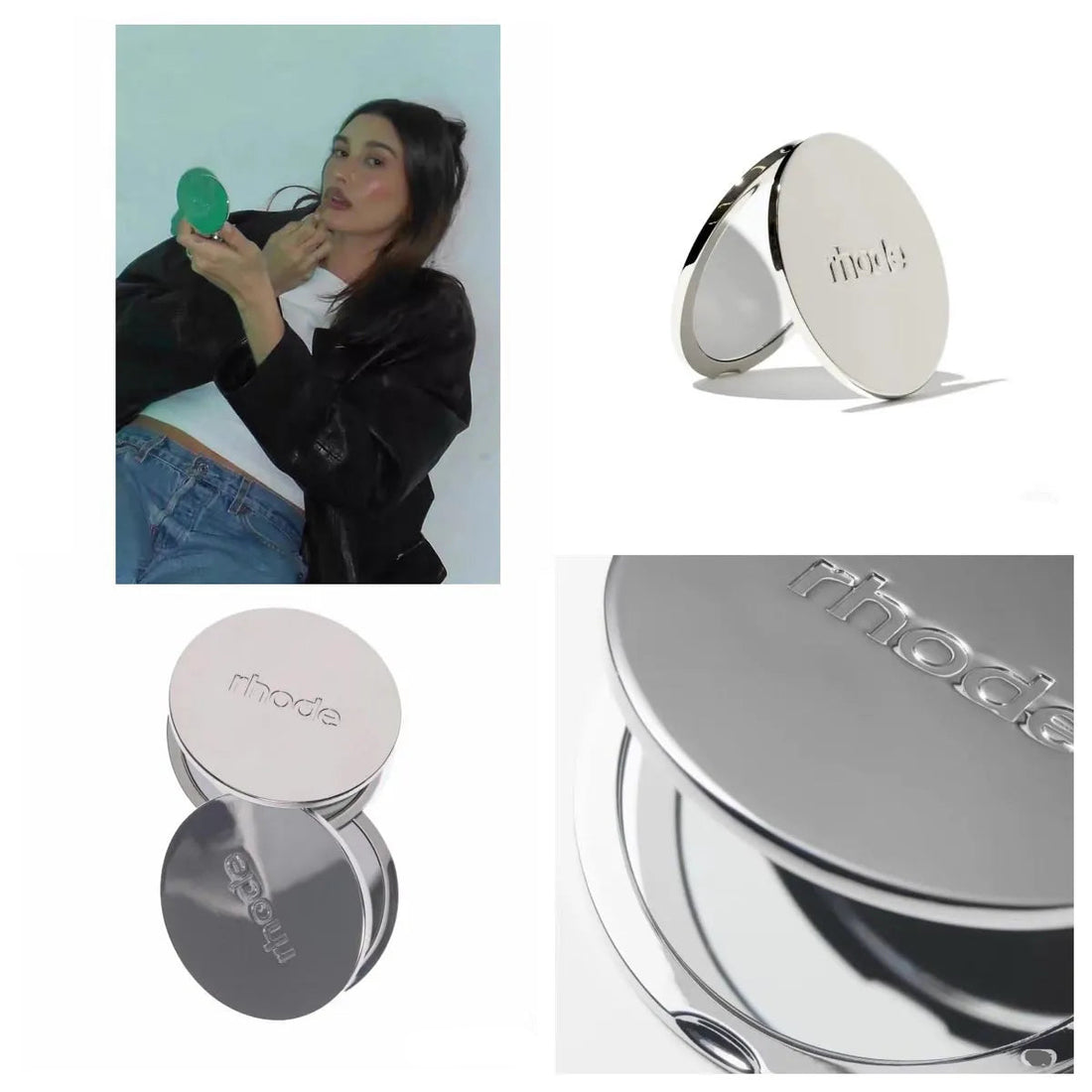 Collage of a person holding a compact mirror and multiple views of a silver compact mirror with 'mode' branding.