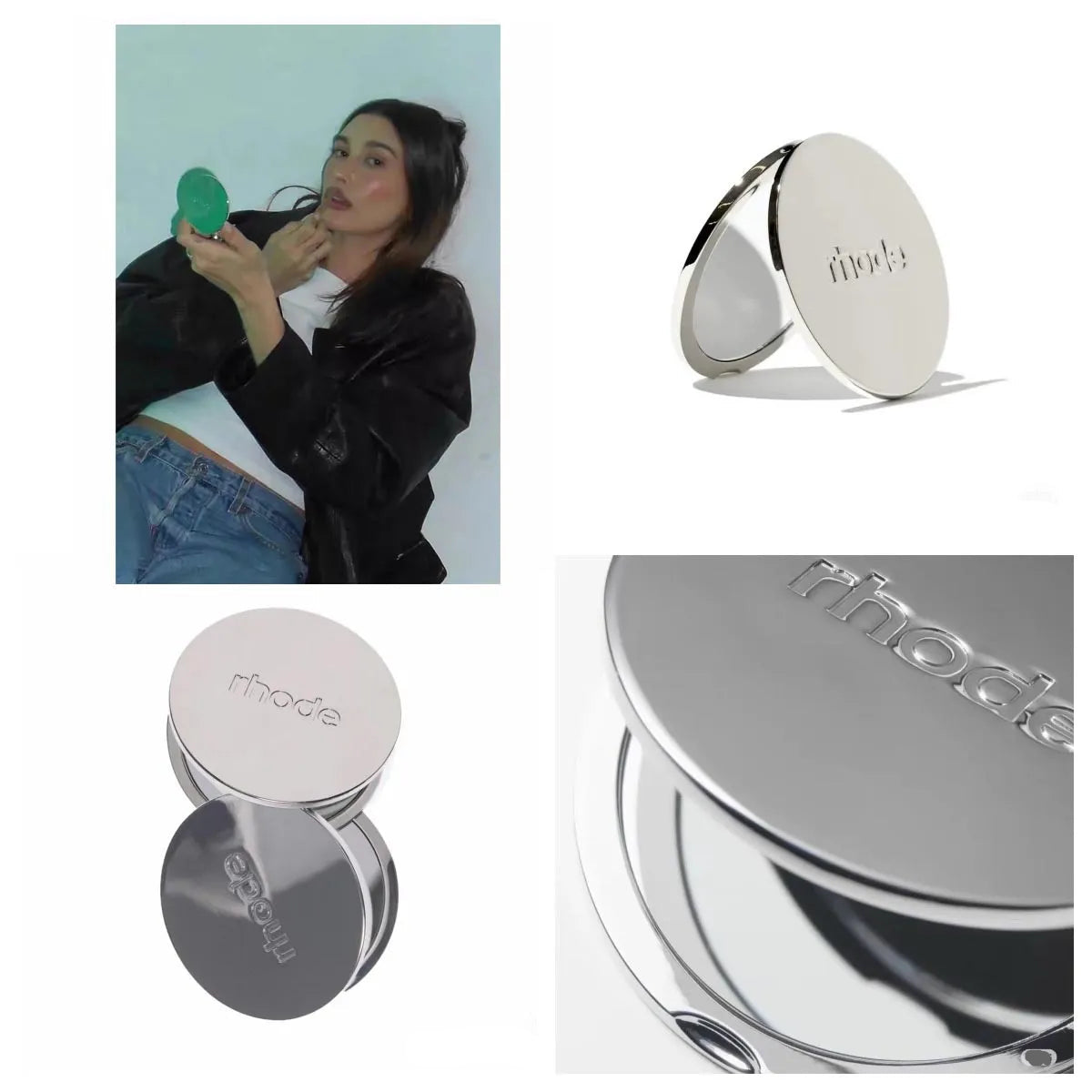 Collage of a person holding a compact mirror and multiple views of a silver compact mirror with 'mode' branding.
