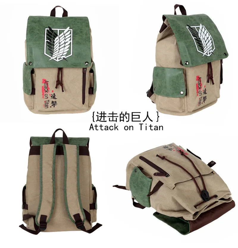Backpacks with 'Attack on Titan' design and logo on a white background