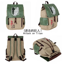 Backpacks with 'Attack on Titan' design and logo on a white background