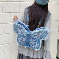 Frayed Butterfly Denim Premium Y2K Backpack