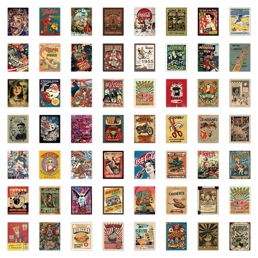 Vintage Americana & Retro European Mini Poster Pack (60 Pcs)