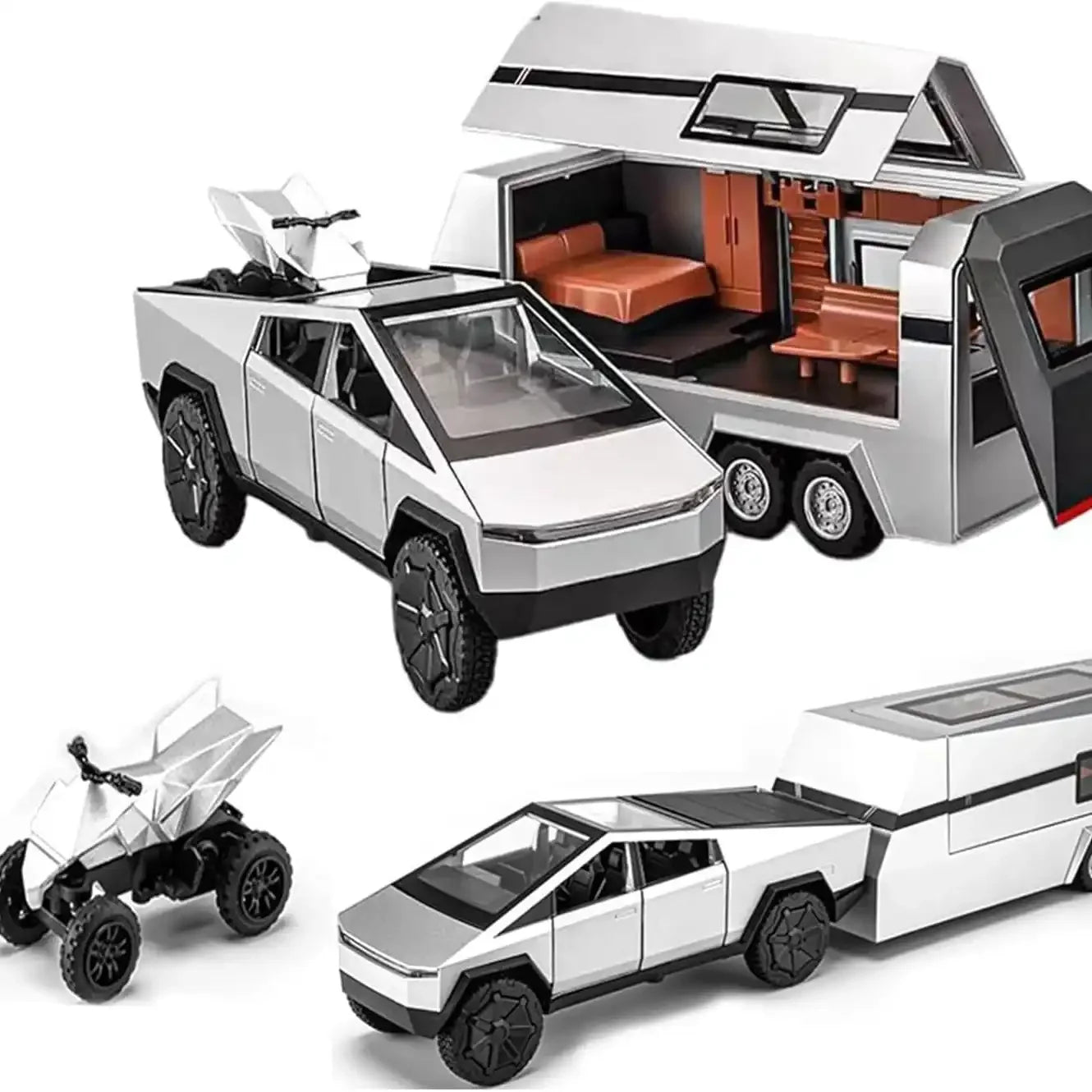 Model of a futuristic vehicle with a detachable camper trailer on a white background