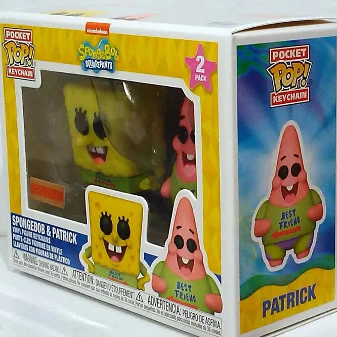 Box of Pocket Pop! keychains featuring SpongeBob and Patrick