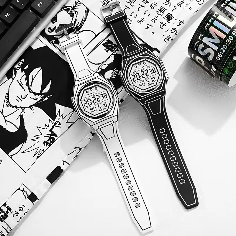 Cyberpunk Cel-Shaded Monochrome Digital Watch