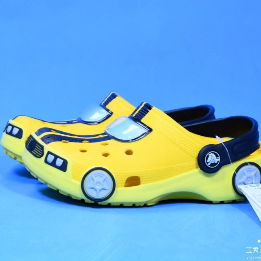 Bumblebee Crocs Yellow clogs with black accents on a blue background