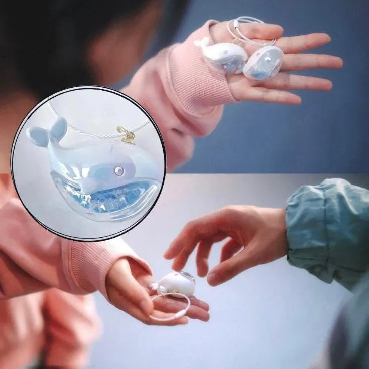 Two pairs of hands holding transparent earbuds with a close-up inset showing the product details.