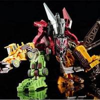 Transforming toy figure with multiple colors and attachments on a reflective surface.