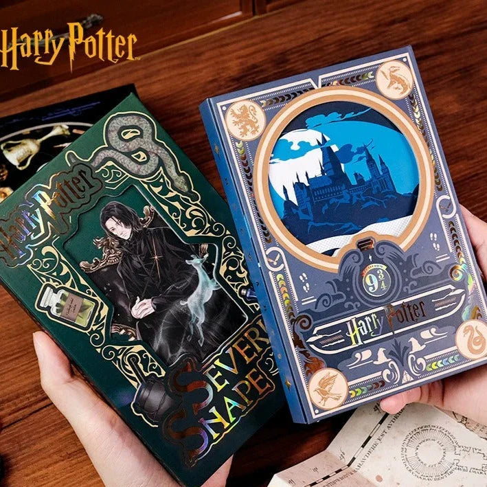 Two Harry Potter-themed books held by a hand on a wooden surface with 'Harry Potter' branding.