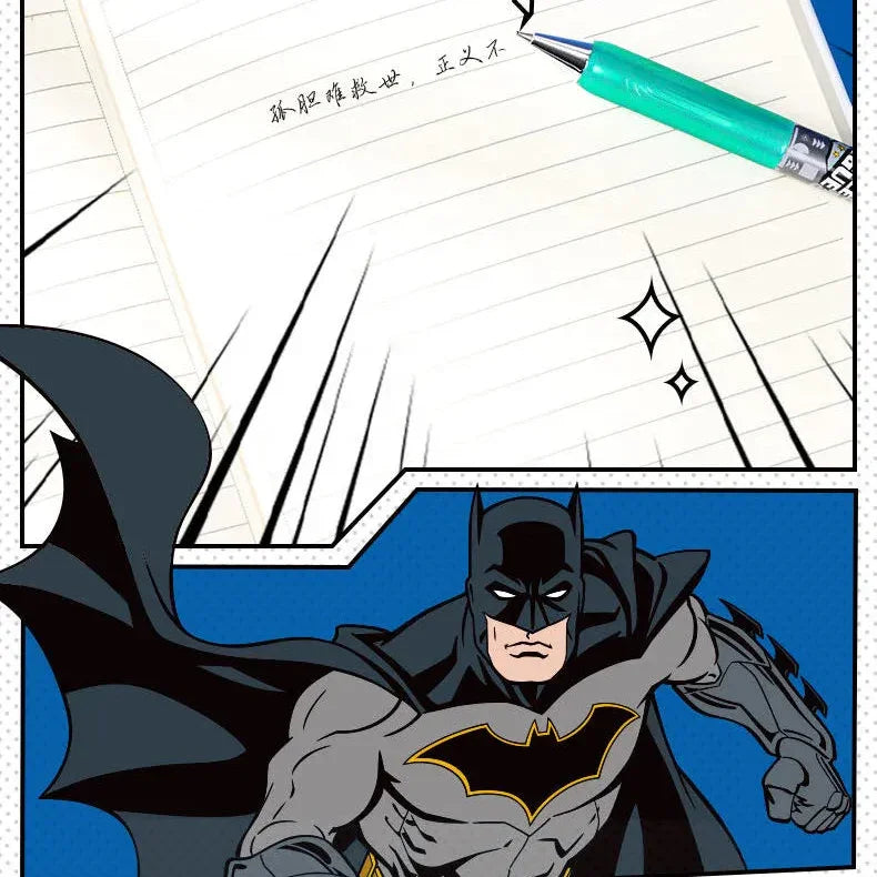 Comic-style illustration with Batman and writing instruments on a blue background