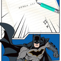 Comic-style illustration with Batman and writing instruments on a blue background