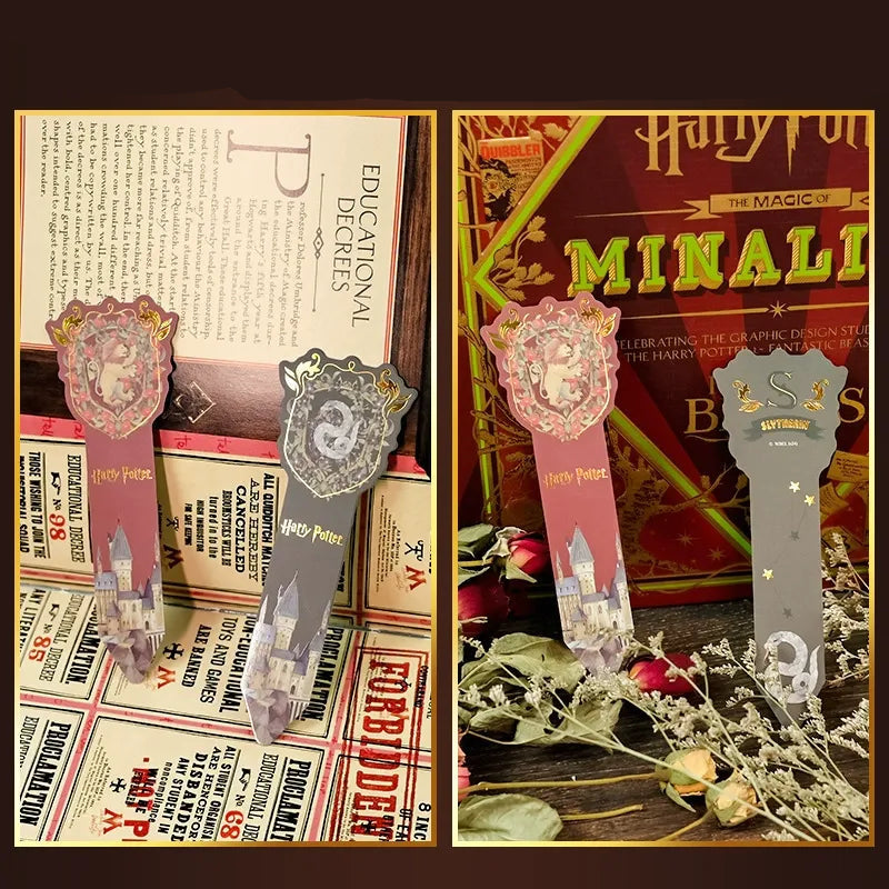 Two bookmarks with Harry Potter design on a decorative background with text and graphics.