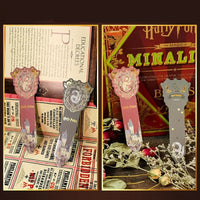 Two bookmarks with Harry Potter design on a decorative background with text and graphics.