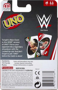 UNO card game packaging featuring WWE branding on a gray background