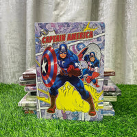 Comic book cover featuring Captain America on a grassy surface with a curtain background