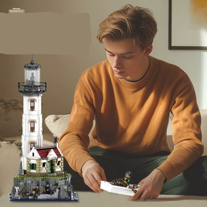 Person building a model of a lighthouse with text in the background