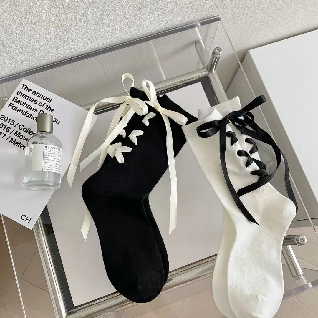 Coquette Desire Lace-Up Ribbon Bow Socks (Set of 2)
