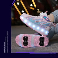 Children's LED light-up shoes with pink and white design on a blurred background