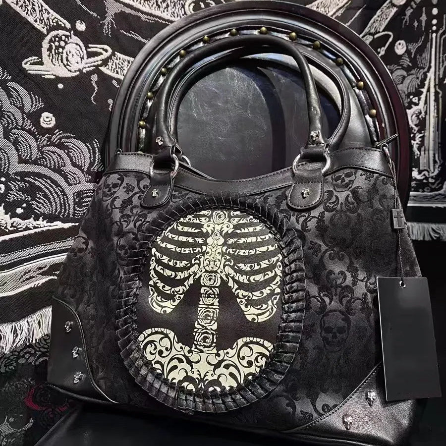 Nocturne Flocked Ribcage Skeleton Handbag