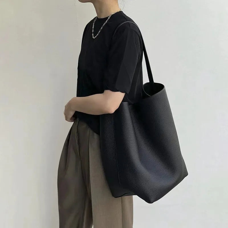 The Row Large-Capacity Pebbled Leather Bucket Bag