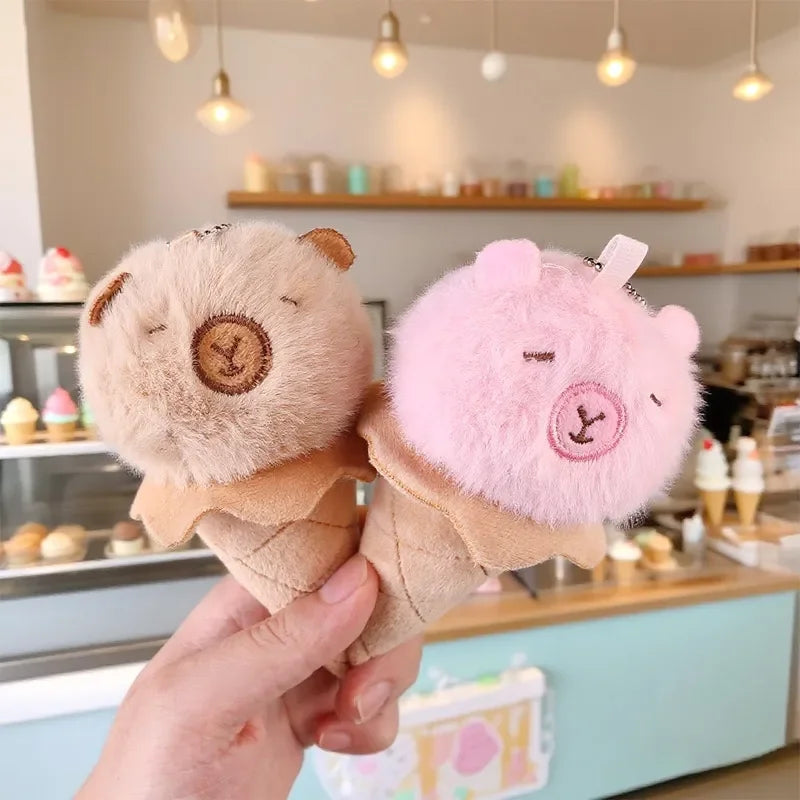 Capybara Ice Cream Cone Plush Keychain
