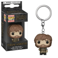 Funko Pop! keychain of Tyrion Lannister from Game of Thrones next to its packaging.