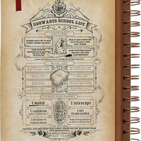 Notebook with 'Hogwarts School List' design on a beige background