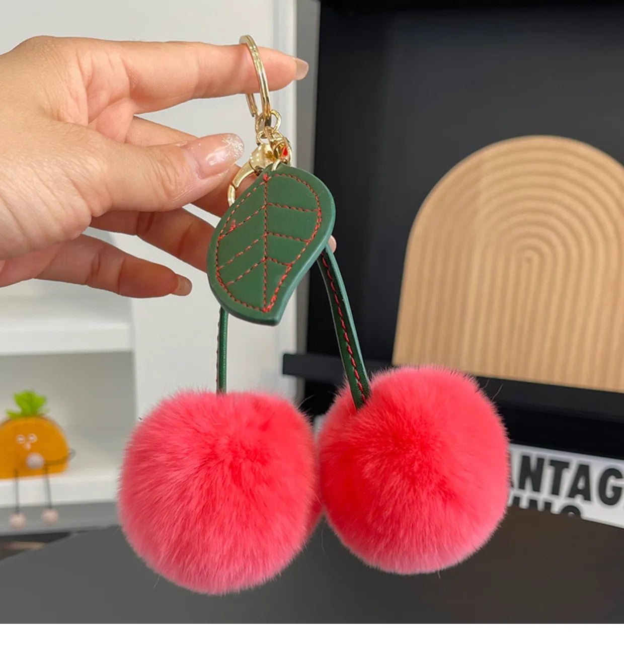 Fluffy Cherry Pom Pom Plush Keychain