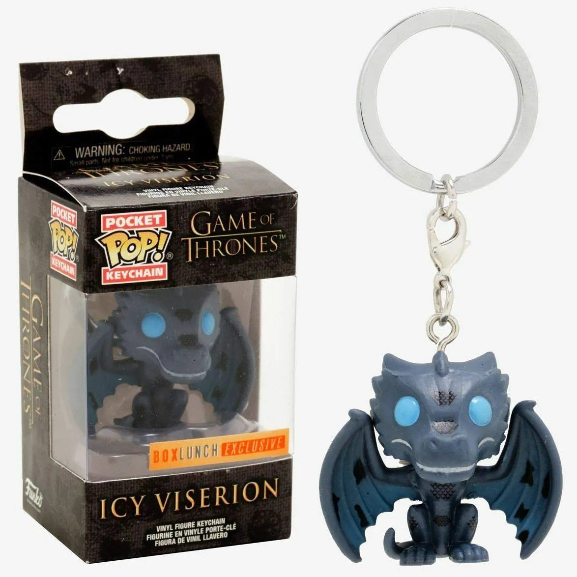 Game of Thrones Icy Viserion keychain with packaging on a white background