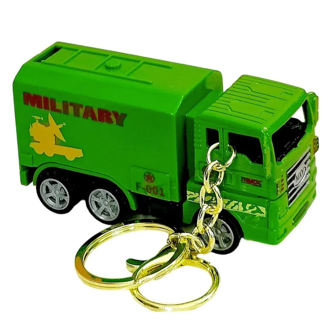 Green military truck keychain on a white background