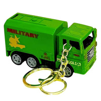 Green military truck keychain on a white background