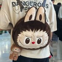 Person wearing a plush backpack with a cartoon character design in an indoor setting.