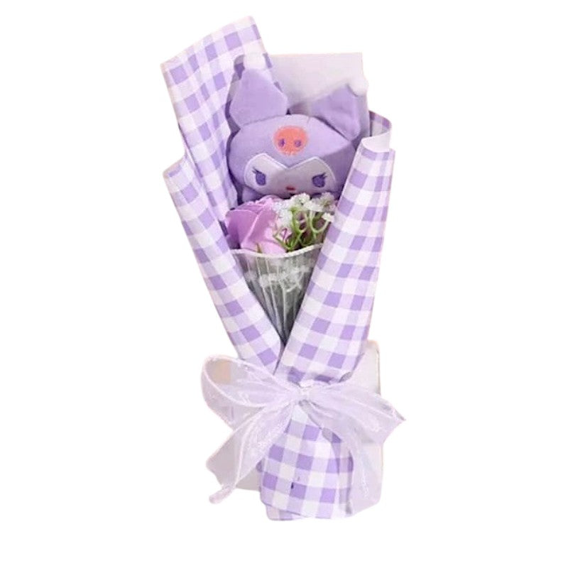 Bouquet with a plush toy and flowers wrapped in purple and white checkered paper on a white background