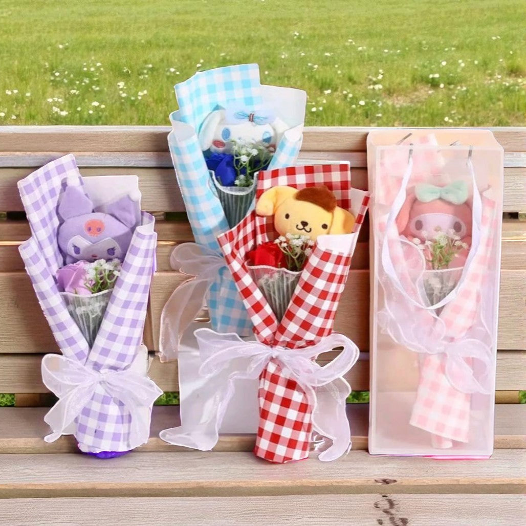Four gift packages with plush toys and flowers on a wooden bench outdoors.