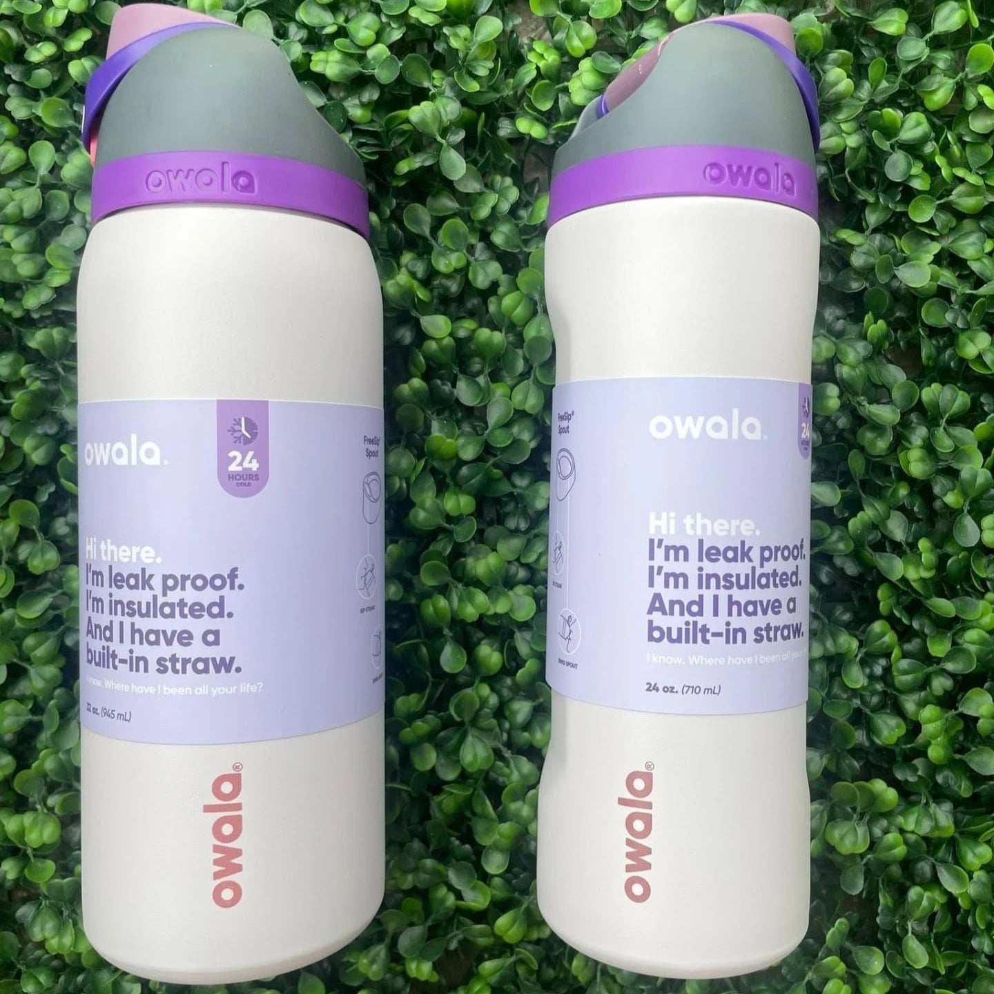 Two Owala insulated water bottles with purple lids on a green grass background