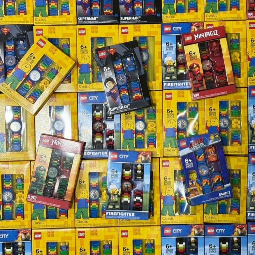 Collection of LEGO toy boxes in various themes and colors.