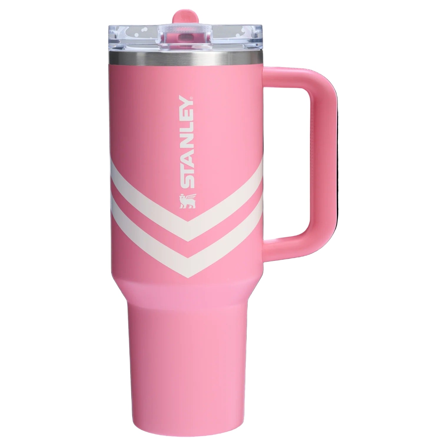 Pink Stanley tumbler with a handle on a white background