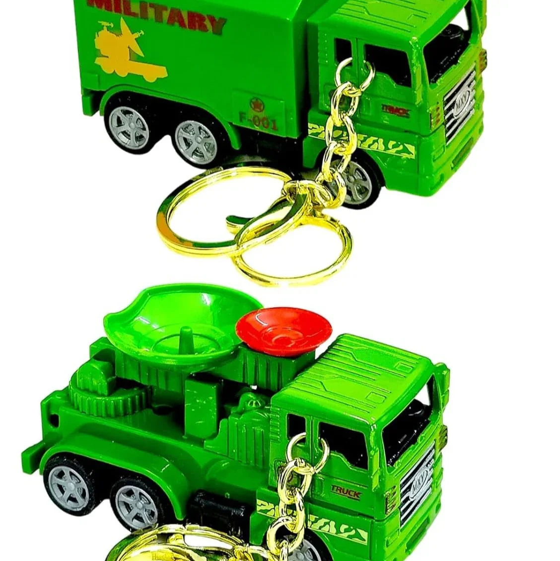 Green military-themed toy truck keychain on a white background